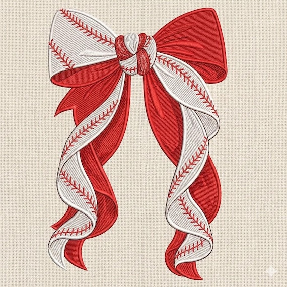 Baseball Bow Embroidery Design, Sports Ribbon Bow Machine Embroidery File, Softball Hair, Baseball Mom  , 5 sizes, Instant Download