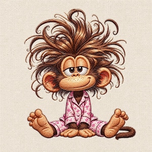 Puede incluir: Una ilustración bordada de un mono con pelo castaño alborotado, orejas grandes y expresión somnolienta. El mono viste un pijama rosa con un pequeño estampado de corazones y está sentado, mostrando sus pies y cola sobre una tela texturizada.