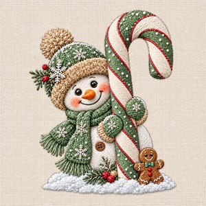 Puede incluir: Un parche bordado que muestra un muñeco de nieve sonriente con un gorro de punto verde con pompón, una bufanda verde a juego y manoplas. El muñeco de nieve sostiene un bastón de caramelo grande y rayado junto a una pequeña figura de galleta.