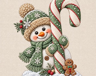 May include: An embroidered patch featuring a smiling snowman wearing a green knit hat with a pom-pom, a matching green scarf, and mittens. The snowman holds a large, striped candy cane and stands next to a small gingerbread cookie figure.