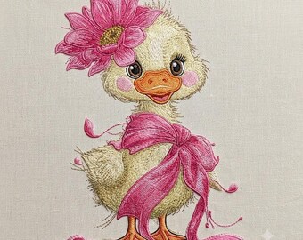 Cute Duckling Embroidery Design, Pink Flower Duck Embroidery File, Baby Duck Machine Embroidery , Spring Animal Design , Instant Download