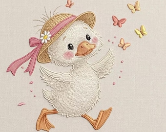 Cute Duck With Straw Hat Machine Embroidery Design, Summer Duckling and Butterfly Digital Embroidery File,, 5 sizes, Instant Download