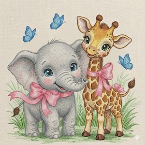Cute Baby Elephant and Giraffe Embroidery Design, Safari Animals with Bows, Jungle Nursery Embroidery File, Instant Download