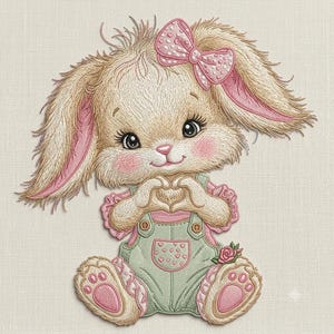 Può includere: Una toppa ricamata raffigurante un coniglietto beige soffice con grandi occhi scuri e guance rosa. Il coniglio indossa una salopette verde chiaro con una piccola tasca e un fiocco rosa sull'orecchio. Le zampe formano un cuore sul petto.