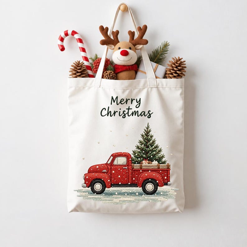 Motif de broderie camionnette de Noël, pick-up rouge vintage avec sapin ...