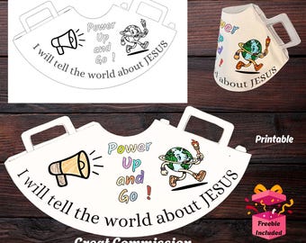 May include: A printable megaphone craft with the text "I will tell the world about JESUS". The design includes a cartoon globe with a torch, a megaphone, and the words "Power Up and Go!". Includes a freebie.