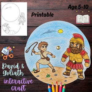 May include: A circular interactive paper craft depicting David and Goliath, featuring a coloured illustration of David with a sling and Goliath in armour. The craft includes metal fasteners for movement and is labelled with the text David & Goliath.