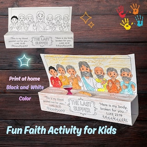 May include: A paper craft depicting the Last Supper, available in black and white or color. The image includes text from Luke 22:20 and 22:19, and the words "THE LAST SUPPER". The craft is designed as a fun faith activity for kids.