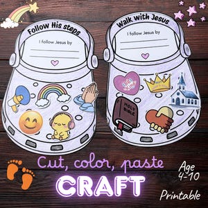May include: Two paper clog-shaped templates featuring the text Follow His steps and Walk with Jesus, with blank lines for writing. The templates are decorated with colorful stickers including a rainbow, a church, a Bible, and a heart.