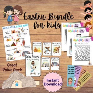 子供向け聖週間アクティビティパック｜イースターサンデースクール印刷用バンドル｜キリスト教パズル、ゲーム、ロードマップ、墓のクラフト