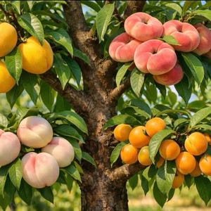 May include: A tree laden with ripe peaches in various colors. Clusters of yellow, pink, and orange peaches hang from the branches, surrounded by green leaves. The peaches are in different shapes, some round and others flattened.
