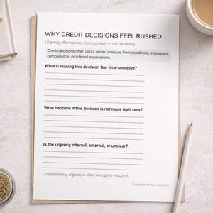 May include: A worksheet titled "WHY CREDIT DECISIONS FEEL RUSHED" with lined spaces for notes, a cup of coffee, and gold paper clips. A pencil rests on the side. The worksheet's text discusses urgency in credit decisions.