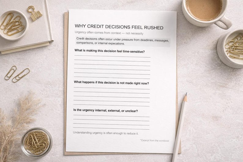 May include: A worksheet titled "WHY CREDIT DECISIONS FEEL RUSHED" with lined spaces for notes, a cup of coffee, and gold paper clips. A pencil rests on the side. The worksheet's text discusses urgency in credit decisions.