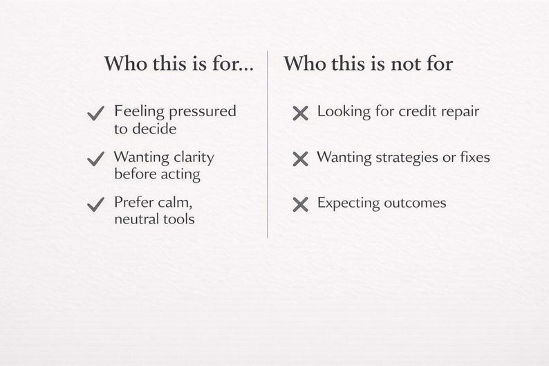 May include: A graphic with the text "Who this is for..." and "Who this is not for." The left side lists: Feeling pressured to decide, wanting clarity before acting, and prefer calm, neutral tools. The right side lists: Looking for credit repair, wanting strategies or fixes, and expecting outcomes.