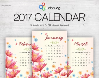 Printable Calendar 2017, Modern Floral Calendar Planner 2017 PDF, 5x7 Calendar Printable Wall Calendar, Instant Download