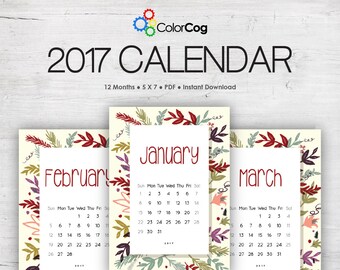 Printable Calendar 2017, Modern Floral Calendar Planner 2017 PDF, 5x7 Calendar Printable Wall Calendar, Instant Download