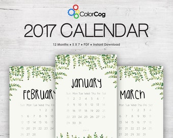 Printable Calendar 2017, Modern Typographic Calendar Planner 2017 PDF, 5x7 Calendar Printable Wall Calendar, Instant Download