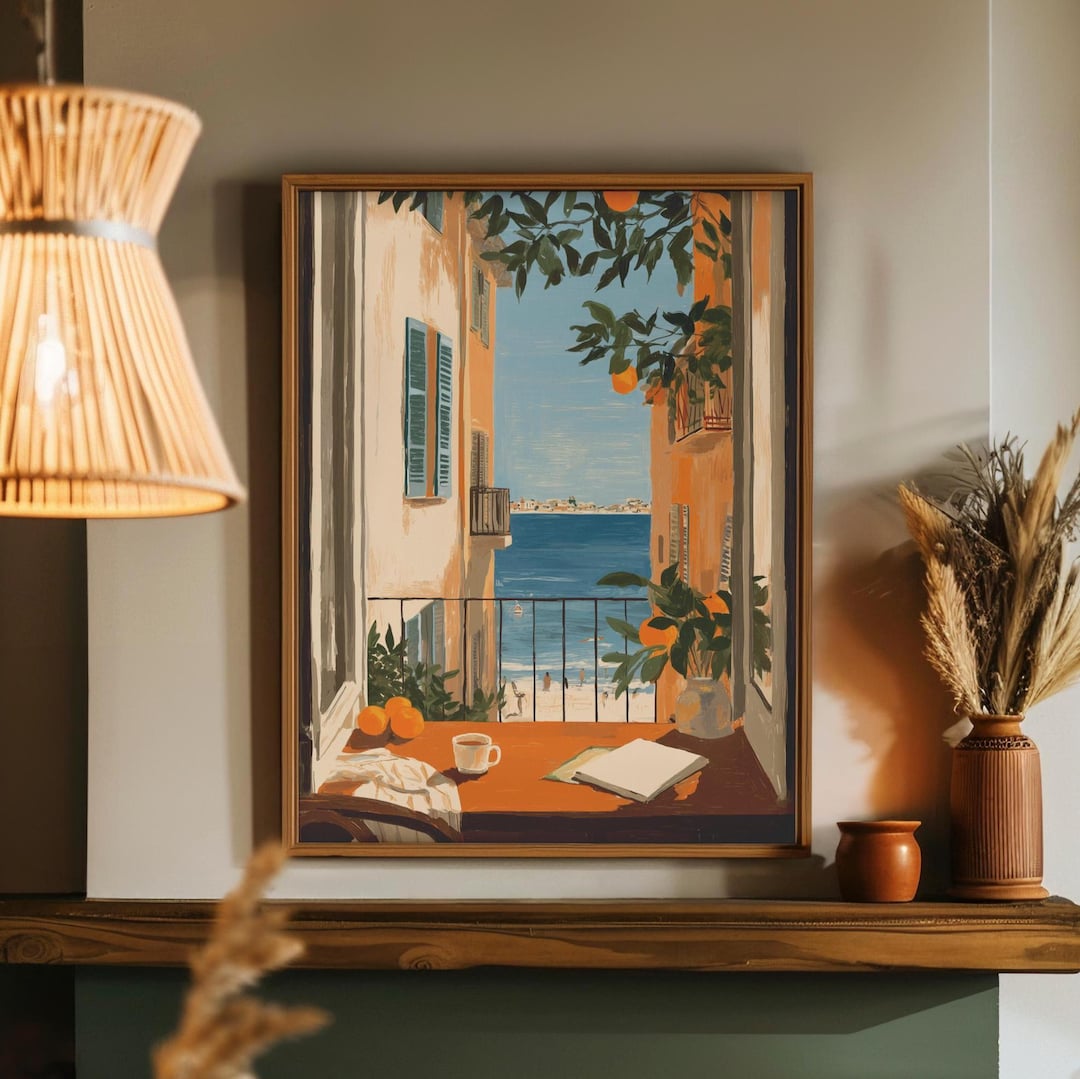 Mediterranean Window View Art Print, Coastal Home Office With Oranges ...