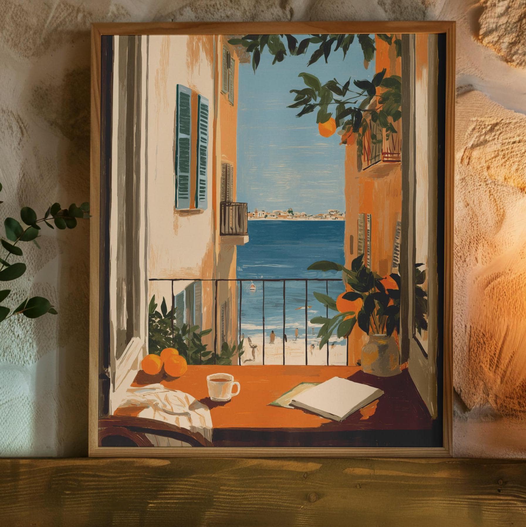 Mediterranean Window View Art Print, Coastal Home Office With Oranges ...