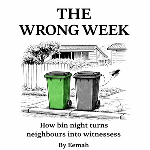 May include: Black and white illustration with the text "THE WRONG WEEK". Two trash bins, one green and one gray, are on a sidewalk in front of a house. The text "How bin night turns neighbours into witnesses" is below the bins.