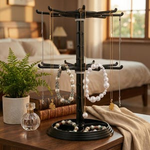 Puede incluir: Un expositor de joyas negro con múltiples brazos que sostienen collares y pulseras. El expositor está sobre una mesa de madera, con una pequeña planta en maceta y un frasco de perfume. El fondo incluye una cama y una ventana.