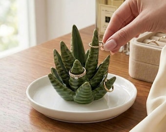 Porta anillos de cerámica de aloe vera, plato para anillos y collares, organizador minimalista de joyas, regalo para mamá, decoración moderna para el hogar.