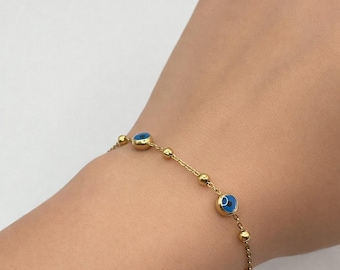 Gold Evil Eye Bracelet, Minimalist Blue Eye Stainless Steel Jewelry, Waterproof Adjustable