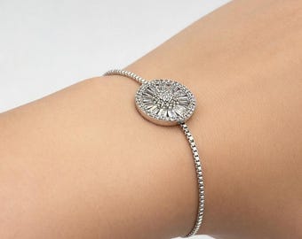Silver Zircon Sunburst Bracelet, Dainty Minimalist Chain Jewelry