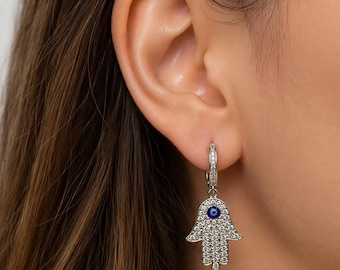 Silver Hamsa Hand Evil Eye Earrings, CZ Pave Dangle Hoop Earrings