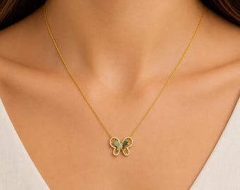 Gold Butterfly Zircon Necklace, Colorful CZ Butterfly Pendant,