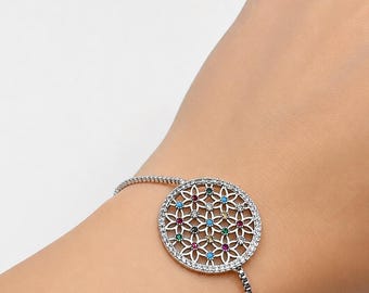 Adjustable Zircon Flower Bracelet, Gold Silver Crystal Bracelet