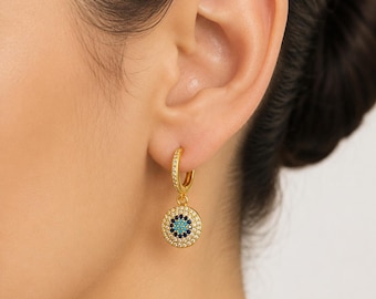 Evil Eye Zircon Huggie Earrings, Blue Nazar Drop Earrings