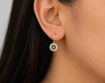 Gold Evil Eye Hoop Earrings, Cubic Zirconia Dangle Earrings