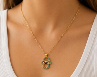 Gold Hamsa Evil Eye Necklace, Turquoise CZ