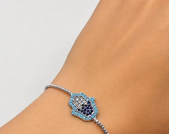 Zircon Hamsa Hand Bracelet, Evil Eye Protection Bracelet