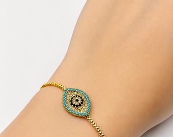 Turkish Evil Eye Bracelet, CZ Zircon Adjustable Bracelet