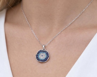 Blue Evil Eye Zircon  Silver Necklace, Dainty Protection Pendant