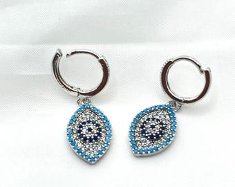 Evil Eye Hoop Earrings, Zirconia Dangle, Turkish Nazar Protection Charm