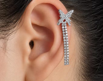 Butterfly Ear Cuff, Stainless Steel Silver Rhinestone No Piercing Cartilage Earring,