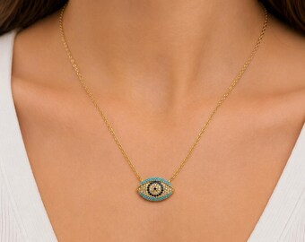 Gold Evil Eye Necklace, Blue Zircon Eye Pendant