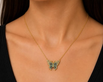 Blue Butterfly Zircon Necklace, Gold Silver Butterfly Pendant