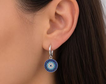 Evil Eye Dangle Hoop Earrings, Blue Zircon Disc Charm Earrings