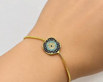 Gold Evil Eye Zircon Bracelet, Adjustable Turkish Nazar Bracelet