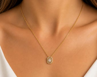 Dainty Gold Zircon Necklace, Emerald Cut CZ Pendant,