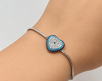 Heart Evil Eye Zircon Bracelet, Adjustable Tennis Chain Bracelet