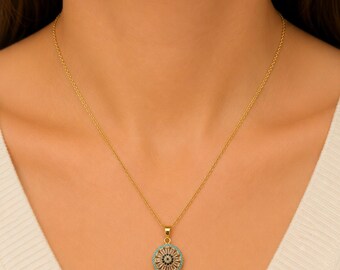 Gold Sunburst Pendant Necklace, Turquoise CZ Necklace,