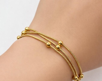 Gold Beaded Layered Bracelet, Stainless Steel Adjustable Everyday Jewelry