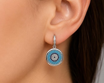 Evil Eye Zircon Dangle Earrings, Round Nazar Earrings