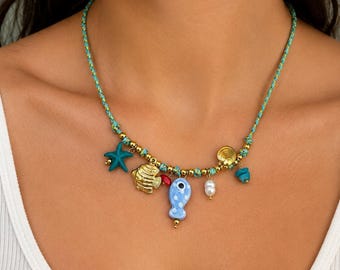 Ocean Charm Necklace, 14k Plated Gold  Stainless Steel, Beach Summer Jewelry