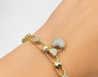 14K Gold Plated Heart Bracelet – CZ Link Chain, Romantic Jewelry
